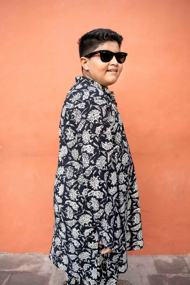 Handblock Print Sohan Black Cotton Kurta Pant Set With Jacket