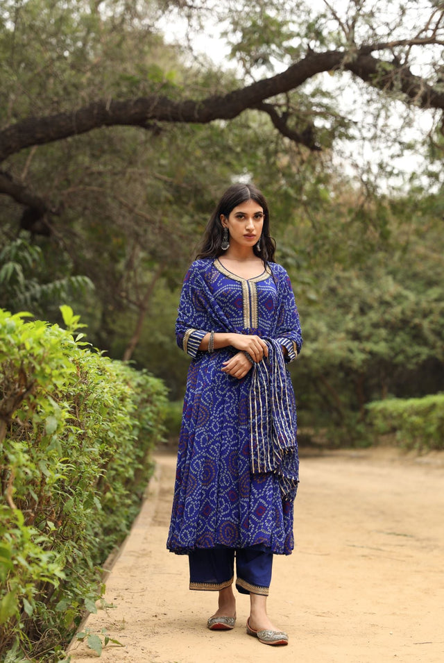 Bhandhani Georgette Sama Anarkali Blue Set With Dupatta