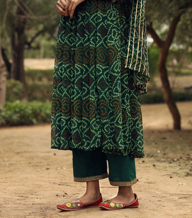 Bhandhani Georgette Sama Anarkali Green Set With Dupatta