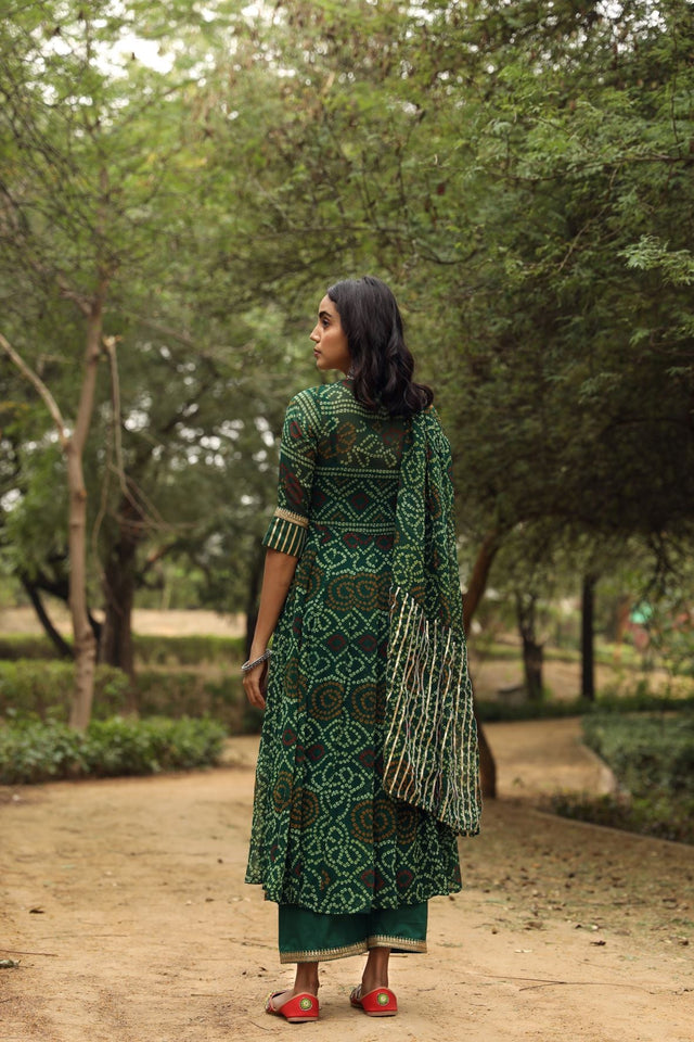 Bhandhani Georgette Sama Anarkali Green Set With Dupatta