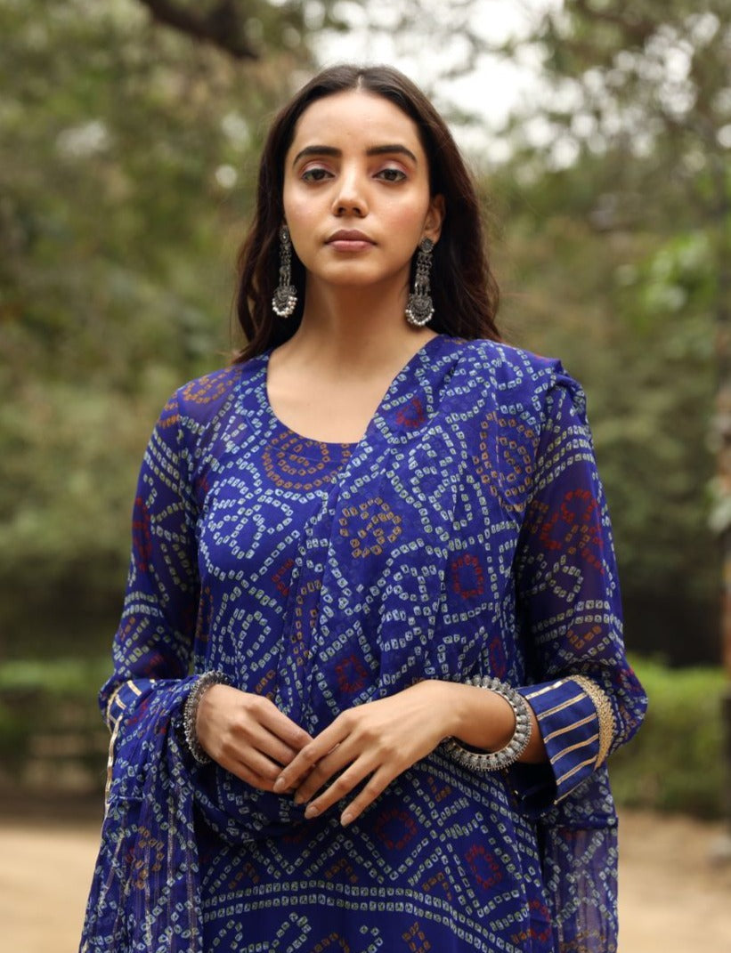 Georgette Bhandhani Sama Blue Straight Kurta