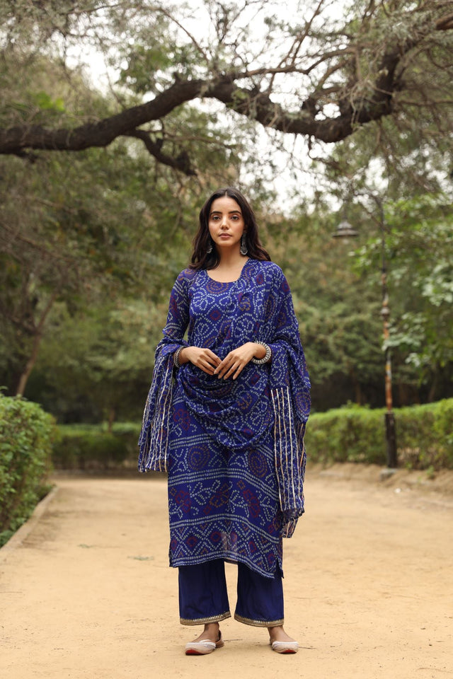 Georgette Bhandhani Sama Blue Straight Kurta Set With Dupatta