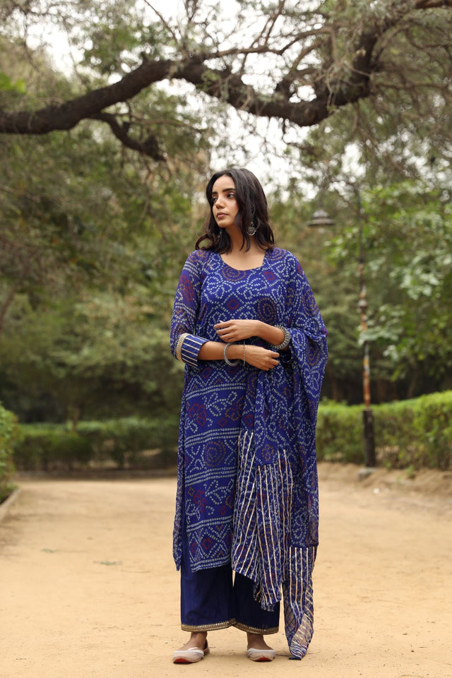 Georgette Bhandhani Sama Blue Straight Kurta Set With Dupatta