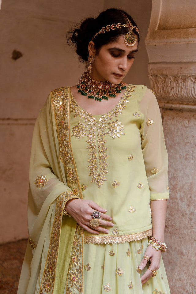 Georgette Kachi Patti Shagun Pista Lehenga With Dupatta