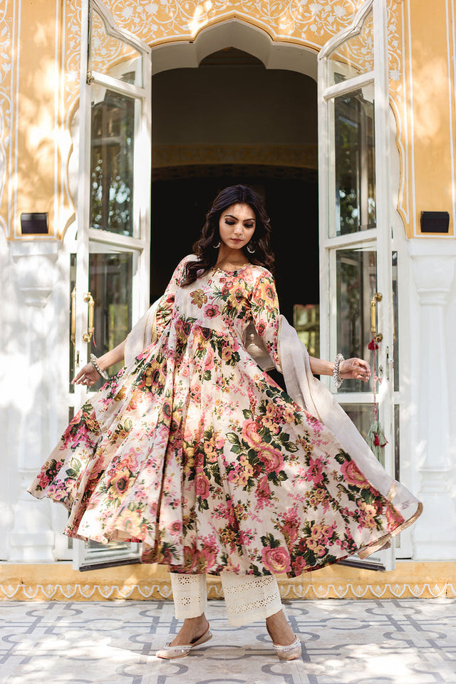 Soha Floral Anarkali Set With Doriya Dupatta