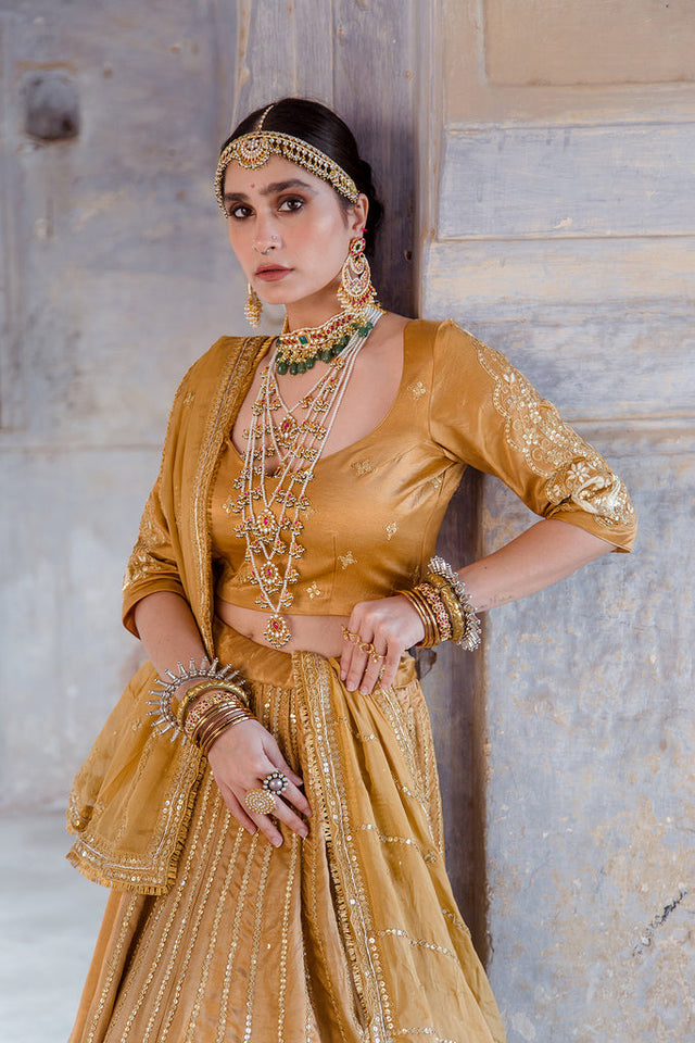 Tussar Satin Swara Beige Lehenga With Organza Dupatta