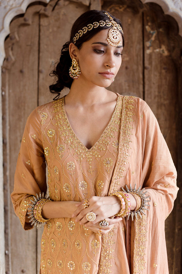 Gota And Taari Work Sweta Brown Muslin Kurta Set With Dupatta