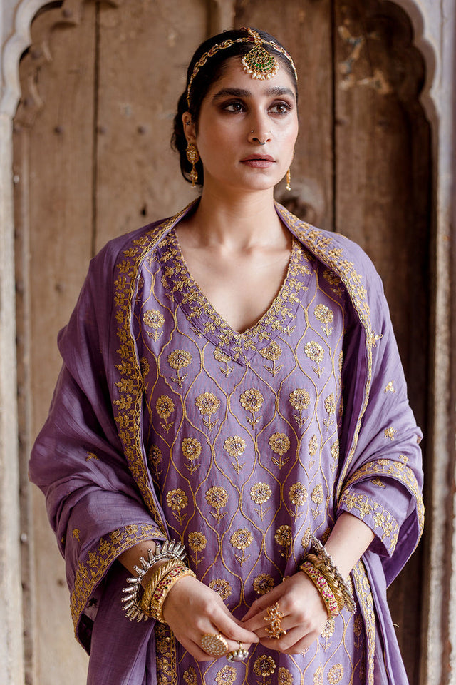 Gota And Taari Work Sweta Purple Muslin Set With Dupatta