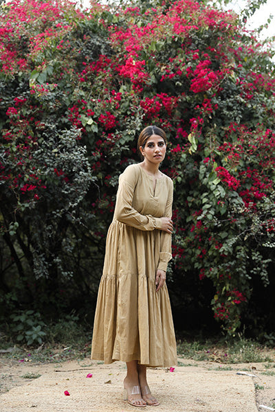 Tia Beige Cotton Dress With Long Sleeves