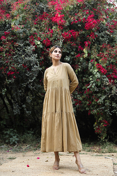 Tia Beige Cotton Dress With Long Sleeves