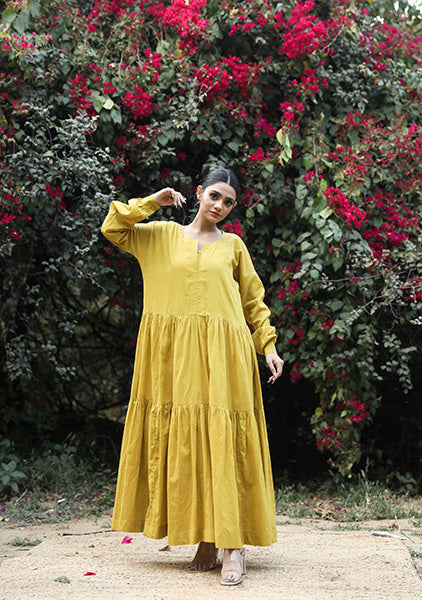 Tia Mustard Cotton Dress With Long Sleeves