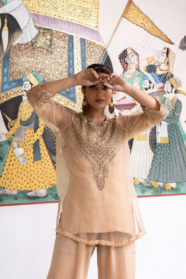 Zardozi  Zifa Golden Organza Kurta Set With Muslin Pant