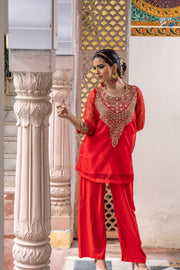 Zardozi  Zifa Red Organza Kurta Set  With Muslin Pant 1