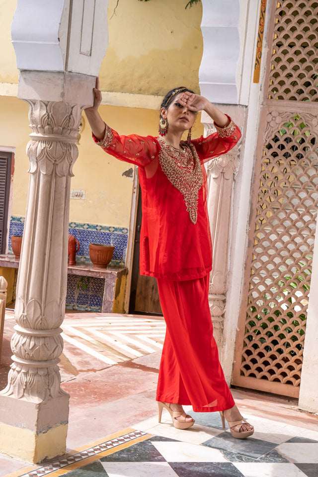 Zardozi  Zifa Red Organza Kurta Set  With Muslin Pant