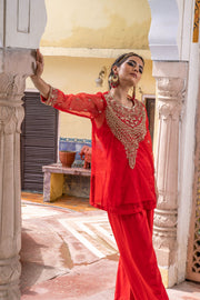 Zardozi  Zifa Red Organza Kurta Set  With Muslin Pant 3