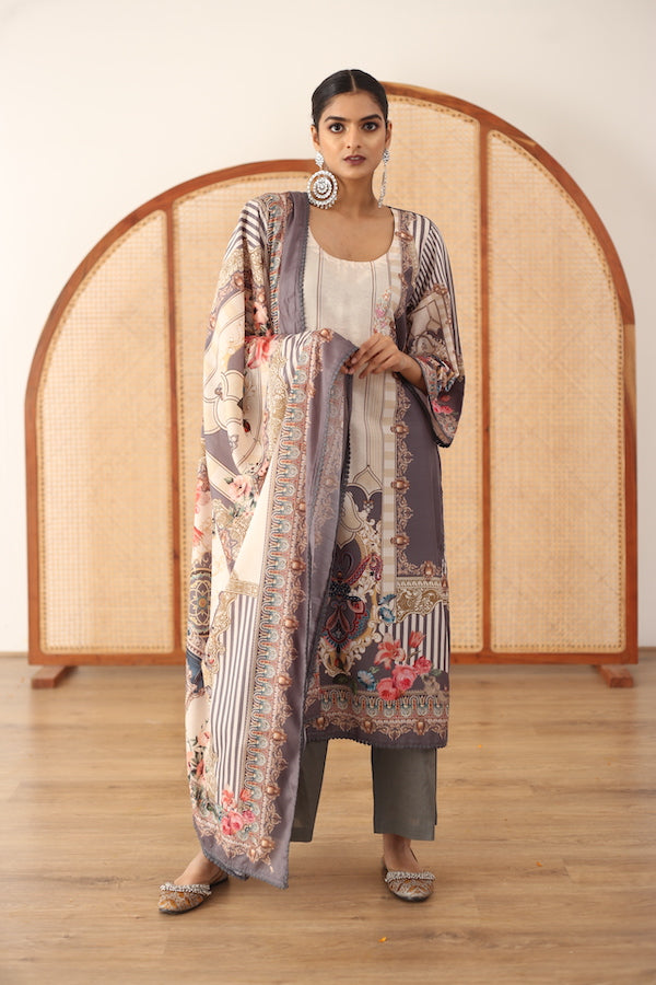 Zara Grey Straight Kurta Set With Dupatta